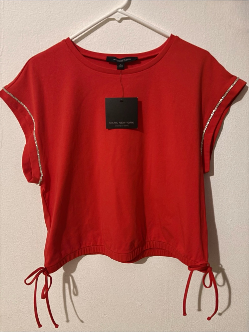 Marc New York Red Short-Sleeve Tie-Hem Crop Top with Metallic Trim Size M - New